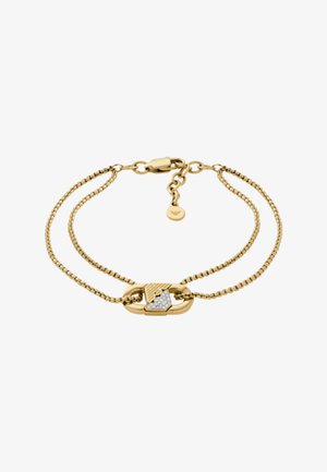 Zlatý náramek s dvěma propletenými řetízky, jeden hladký a druhý s texturovaným vzorem, uprostřed s karabinkou zdobenou diamanty.