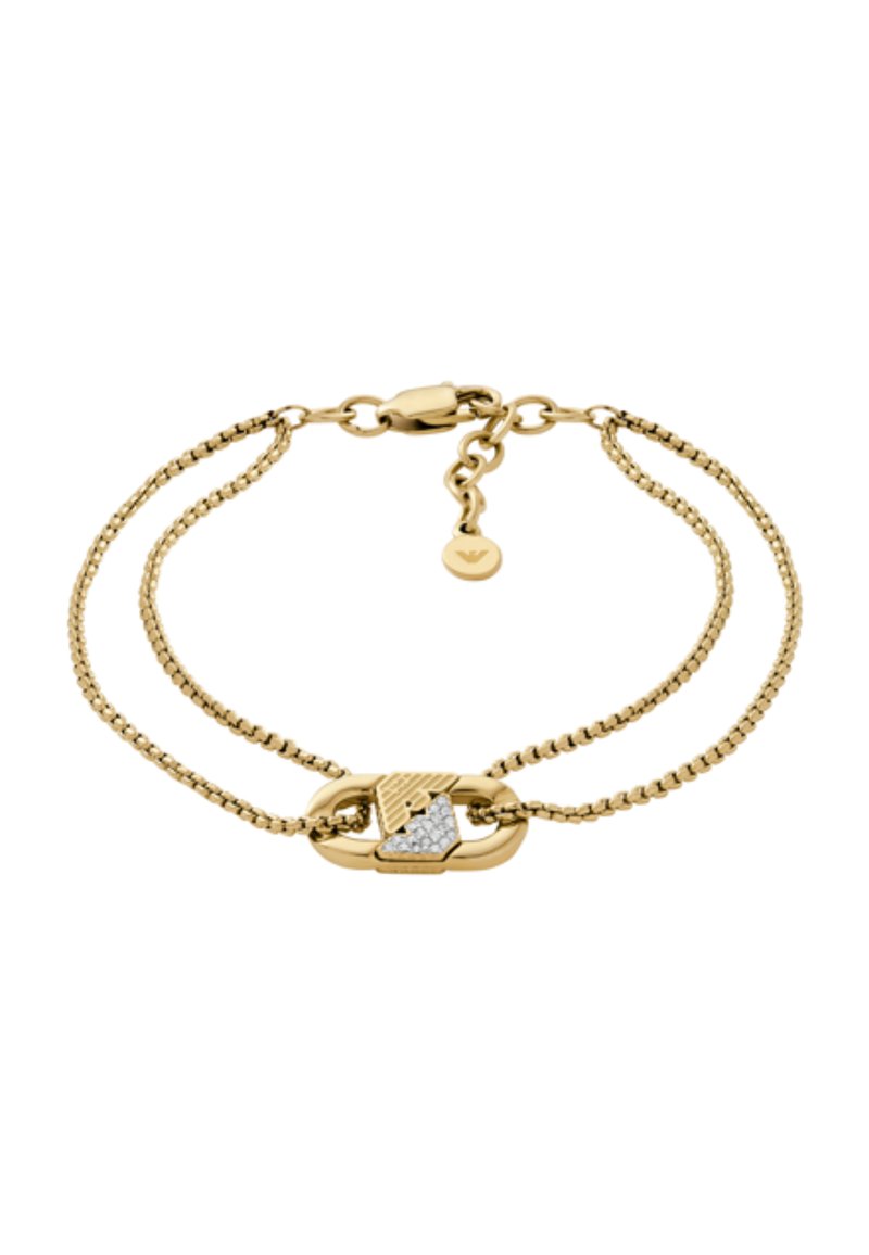 Guldtonad armband med två sammanlänkade kedjor, en slät och en med en texturerad design, centrerad med en lås med diamantaccent.