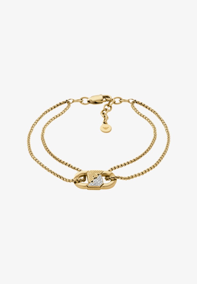 Guldtonad armband med två sammanlänkade kedjor, en slät och en med en texturerad design, centrerad med en lås med diamantaccent.