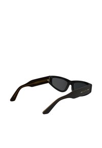 Black sunglasses with a sleek, angular design. Matte black frames with glossy accents. Dark lenses and subtle gold hardware on the temples.