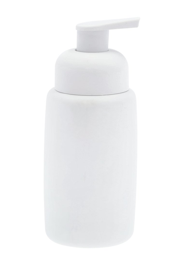 Weißer Kunststoffpumpflasche mit einem abgerundeten Körper, glatter Oberfläche und einer flachen Dosierdüse. Die Größe ist mittel, geeignet für flüssige Produkte.