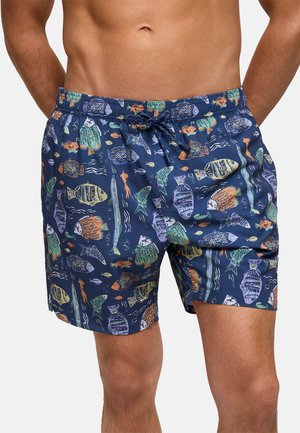 Bañador corto azul marino para hombre con patrones de peces multicolores y criaturas marinas, y cintura ajustable con cordón.