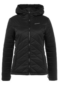 Veste isolante noire avec capuche, dotée de motifs matelassés diagonaux, d'une fermeture éclair frontale et de poignets élastiques pour un ajustement sûr.