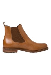 Botte Chelsea en cuir marron avec panneau latéral élastique, languette au talon et semelle en bois empilée, vue de profil sur fond blanc.