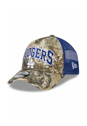 Cap with camouflage front, blue mesh back, “Los Angeles Dodgers” text in blue and white, and white "LA" logo on the front panel.