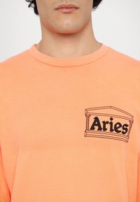 Lys orange bomulds t-shirt med rund hals og et sort grafik af en søjle samt ordet "Aries" på venstre bryst. Glat tekstur.