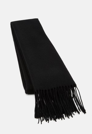 Black wool scarf with a soft texture, featuring fringed ends, folded neatly with a smooth surface and no visible patterns or accents.
