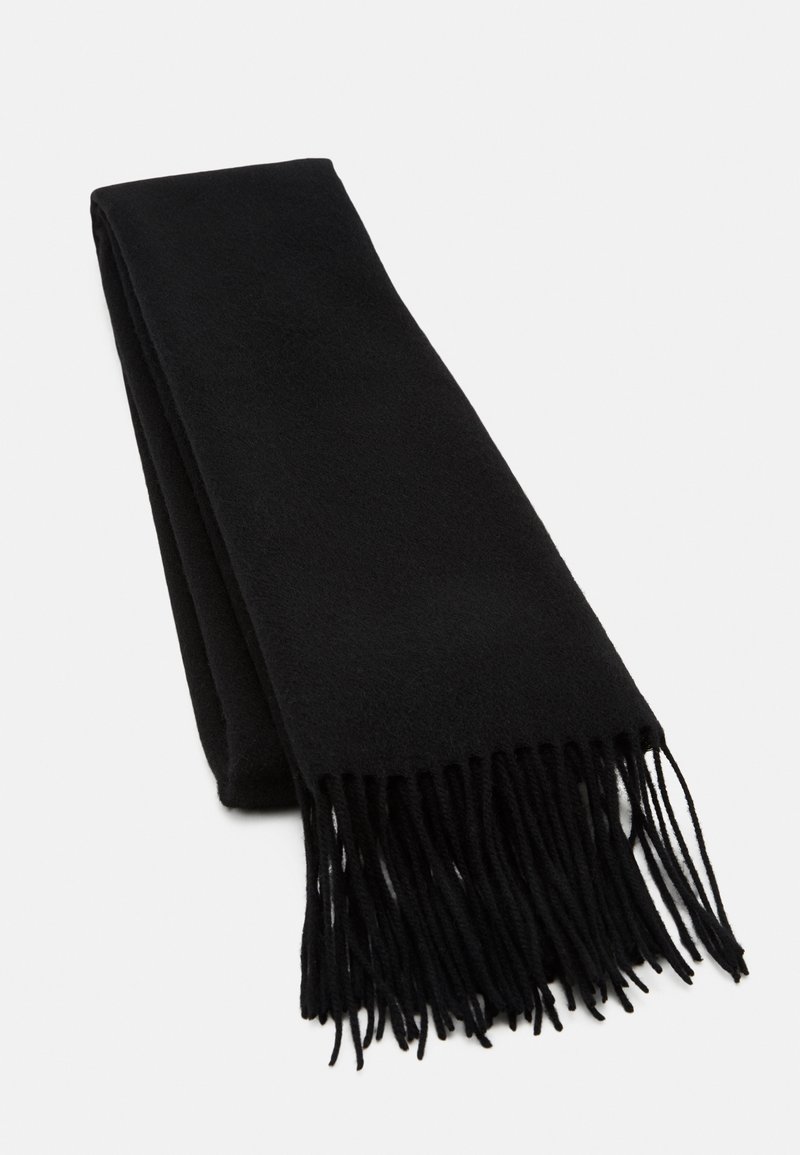 Écharpe en laine noire avec une texture douce, présentant des extrémités à franges, pliée soigneusement avec une surface lisse et sans motifs ni accents visibles.