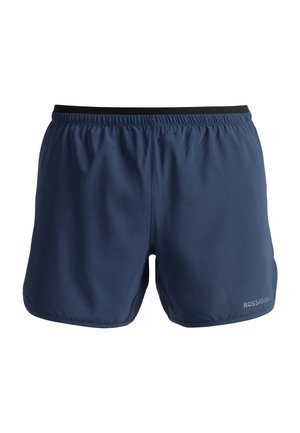 Navy blue athletic shorts made of lightweight fabric, featuring an elastic waistband with black trim and a small logo on the lower left side.
