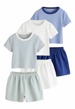 Three short-sleeve tops in blue, white, and white with navy stripes paired with gray, white, and navy elastic waist shorts.