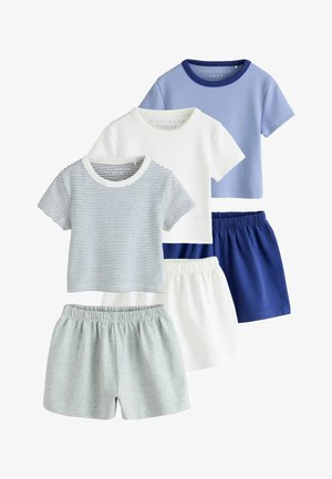 Three short-sleeve tops in blue, white, and white with navy stripes paired with gray, white, and navy elastic waist shorts.