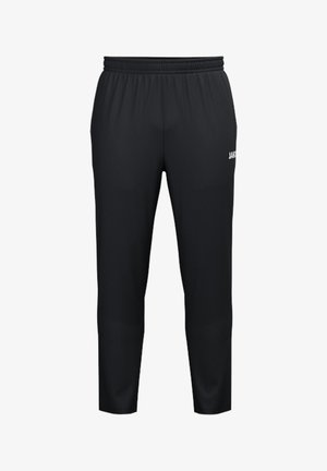 Pantalon de sport noir fuselé avec taille élastique et petit logo blanc sur la partie supérieure de la cuisse droite.