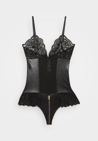 Czarny bodysuit z koronkowymi detalami, regulowanymi ramiączkami, zamkiem z przodu, dopasowanym w pasie i falbaniastego koronkowego wykończenia u dołu.