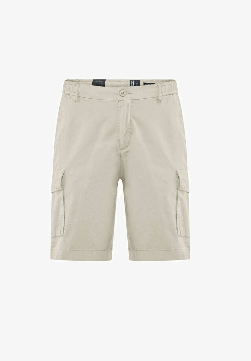 Pantaloni cargo beige con due tasche laterali, chiusura con bottone e vestibilità rilassata. Realizzati in tessuto leggero con una texture liscia.