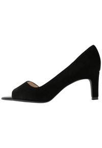 Talons ouverts en daim noir avec un design effilé, dotés d'un petit talon carré et d'une semelle lisse en synthétique noir contrastant.