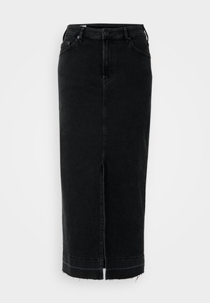 Black denim skirt with a straight fit, front slit, frayed hem, and classic five-pocket design. Standard belt loops at the waist.