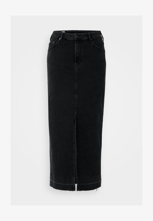 Black denim skirt with a straight fit, front slit, frayed hem, and classic five-pocket design. Standard belt loops at the waist.