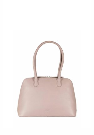 Sac à main en cuir rose clair avec deux poignées courbes, un dessus arrondi et une texture lisse. Doté d'une fermeture éclair et d'un marquage subtil.