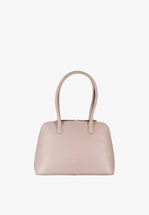 Sac à main en cuir rose clair avec deux poignées courbes, un dessus arrondi et une texture lisse. Doté d'une fermeture éclair et d'un marquage subtil.
