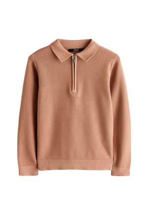 Helles rosa, geripptes Pullover mit einem Reißverschlusskragen. Hergestellt aus strukturiertem Stoff, mit langen Ärmeln und einer lässigen Passform.