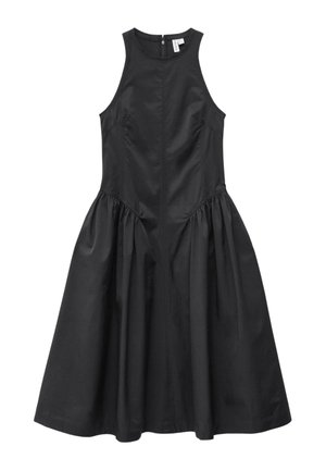 Varrukateta must midi-kleit kõrge kaelusega, krobelise korsetiosaga, kogutud piha, lehviva seeliku ja seljal lukuga.