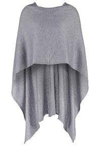 Poncho tricoté gris doux avec un ourlet asymétrique et des côtés drapés, fabriqué en tissu léger.