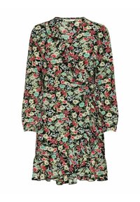 Vestido envolvente floral con mangas largas, con un fondo negro, escote con volantes y flores multicolores en rojo, azul y verde.
