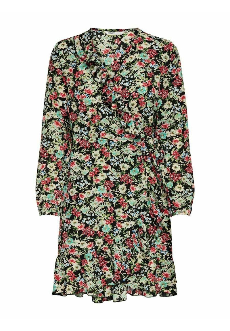 Vestido envolvente floral con mangas largas, con un fondo negro, escote con volantes y flores multicolores en rojo, azul y verde.