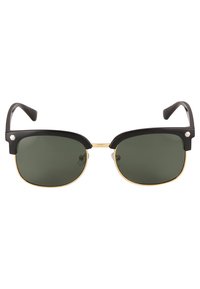 Ochelari de soare negri cu lentile verzi, rame accentuate cu aur, design cu partea de sus plată și brațe negre, având un mic detaliu argintiu pe balama.