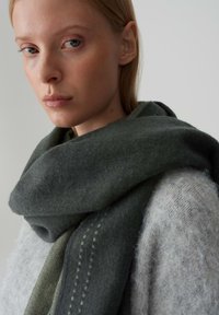 Sciarpa di lana verde scuro con una consistenza morbida, drappeggiata attorno al collo, con cuciture sottili lungo i bordi. Indossatore in maglione grigio.