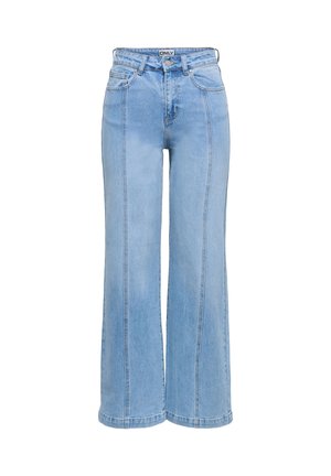 Light blue denim wide-leg jeans with a high waist, featuring front pockets and contrasting stitching detail along the sides.