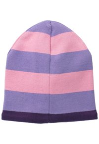 Czapka dziana z szerokimi poziomymi paskami w kolorze różowym, jasnofioletowym i ciemnofioletowym. Miękka faktura z dopasowanym krojem.