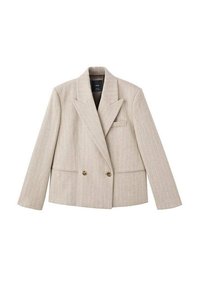 Blazer beige de doble botonadura con solapas al ojal, patrón de rayas verticales, dos bolsillos frontales y botones marrones. Acabado de tejido texturizado.