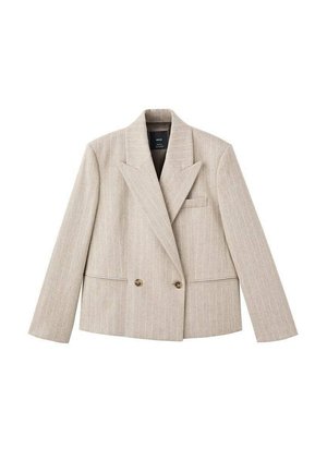 Beige double-breasted blazer with a notch lapel, vertical pinstripe pattern, two front pockets, and brown buttons. Textured fabric finish.