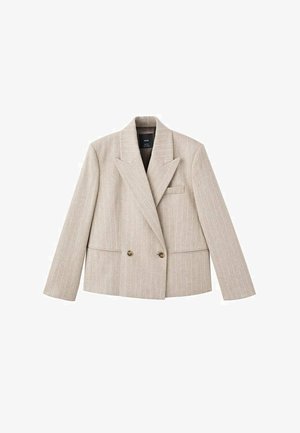 Beige double-breasted blazer with a notch lapel, vertical pinstripe pattern, two front pockets, and brown buttons. Textured fabric finish.