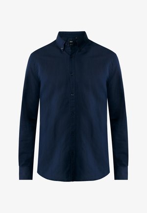 Granatowa koszula z długim rękawem, wykonana z gładkiego materiału, z kołnierzykiem zapinanym na guziki, przodem zapinana na guziki oraz z mankietami o zaokrąglonym wykończeniu.