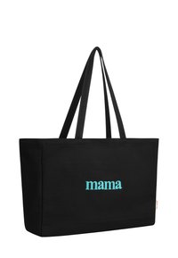 Zwarte canvas tas met twee lange zwarte handvatten en het woord "mama" in turquoise gedrukt. Rechthoekige vorm, stevige constructie.