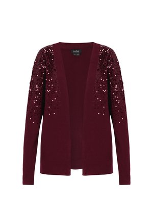 Bordeaux cardigan med åbent frontdesign, lange ærmer og pailletdetaljer på skuldrene for ekstra flair. Glat tekstur og ribbede manchetter.