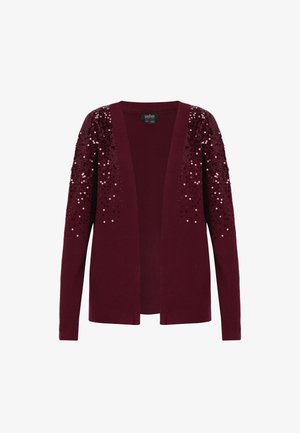 Bordeaux cardigan med åbent frontdesign, lange ærmer og pailletdetaljer på skuldrene for ekstra flair. Glat tekstur og ribbede manchetter.