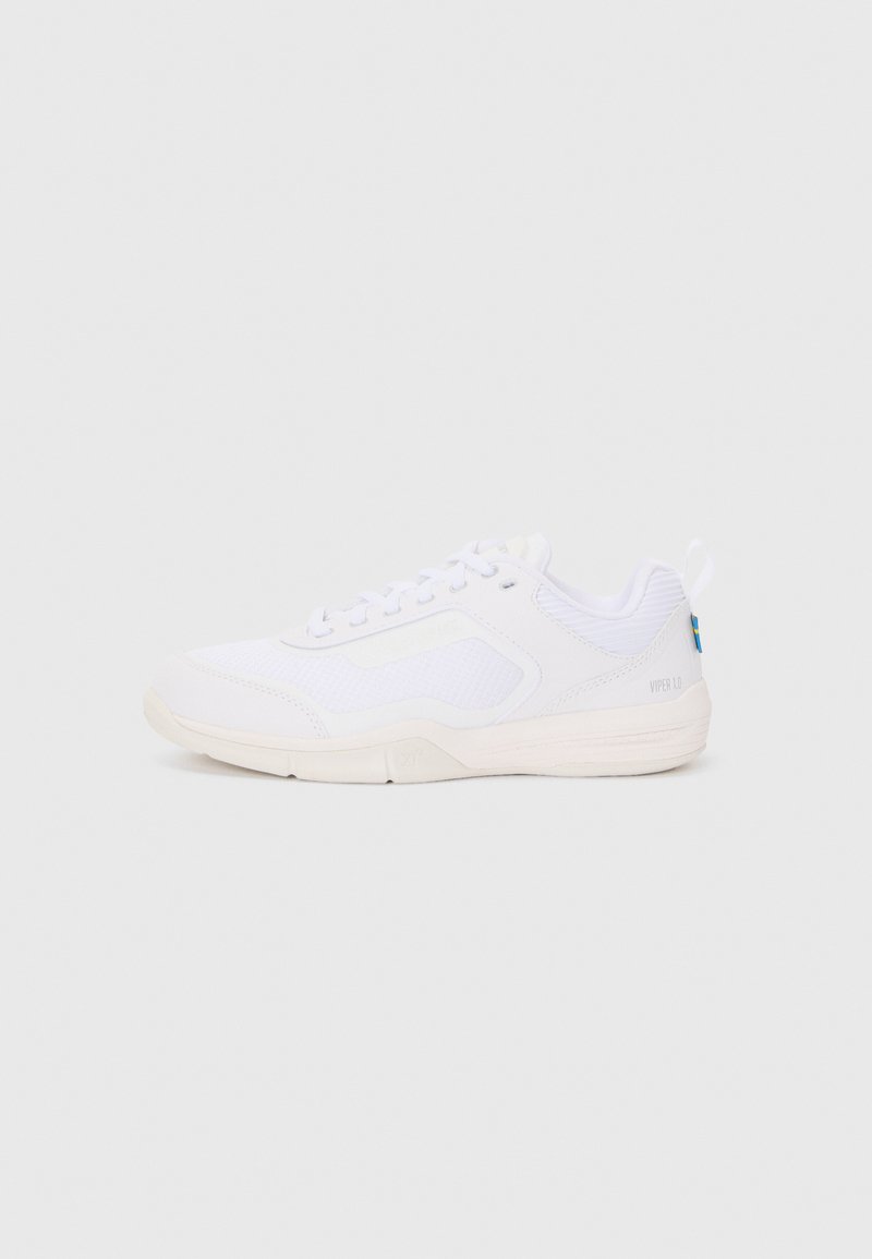 White athletic shoe made of mesh and synthetic materials. Features a textured design, lacing system, and contrasting colored branding on the heel.