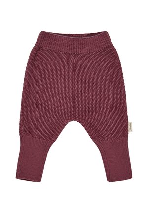 Knitted baby pants in burgundy with ribbed cuffs and waistband, featuring a textured pattern and a small fabric label on the side.