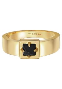 Gold-plated ring with a squared design, featuring a black gemstone centerpiece. Material marked with "925 Ag" indicating silver content.