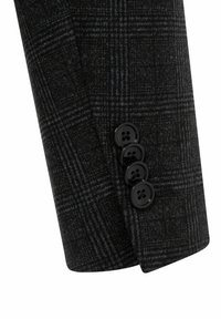 Schwarz-grau kariertes Stoffärmel mit vier schwarzen Knöpfen und einem maßgeschneiderten Schnitt, der ein strukturiertes Design und eine glatte Textur zeigt.