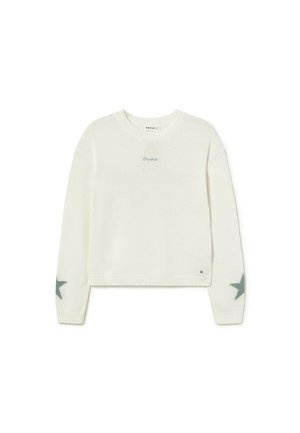 Suéter de punto color crema con texto "Brownie" en verde en el pecho y patrones de estrellas verdes en los codos de ambas mangas.