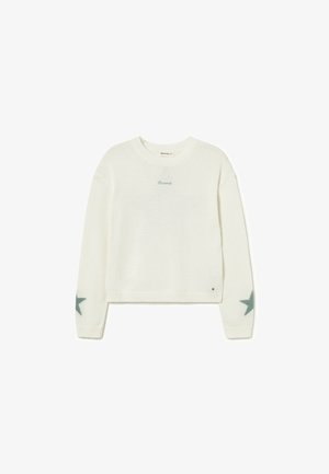 Cream-colored knit sweater with green "Brownie" text on chest and green star patterns on both sleeves' elbows.