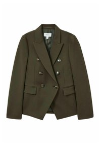 Dvouřadový olivově zelený blazer vyrobený z texturované látky, s velkými černými knoflíky, klopovými límci a dvěma předními kapsami.