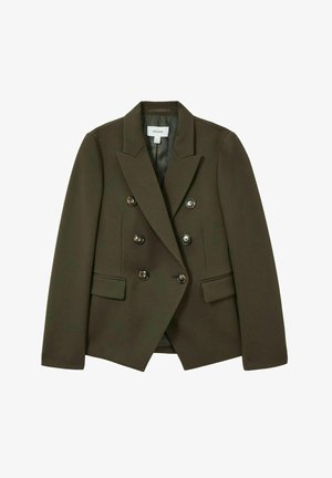 Blazer doppiopetto verde oliva realizzato in tessuto testurizzato, con grandi bottoni neri, risvolti a lancia e due tasche frontali.