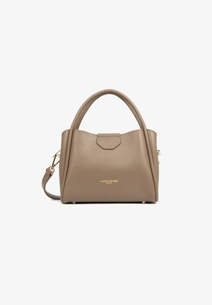 Sac à main en cuir taupe texturé avec double anses, bandoulière amovible et logo doré "Lancaster Paris" à l'avant.