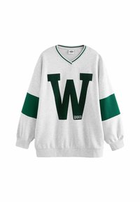 Szara bluza z zielonymi akcentami i dużym nadrukiem litery "W". Posiada dekolt w szpic, długie rękawy i ściągacze przy mankietach. Miękka w dotyku.