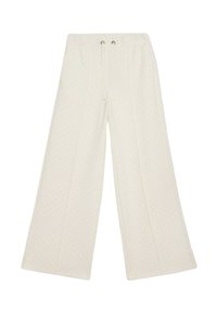 Pantalons à jambes larges en tissu crème avec des points texturés subtils, dotés d'une taille élastique et d'un détail de cordon de serrage. Matière lisse et légère.